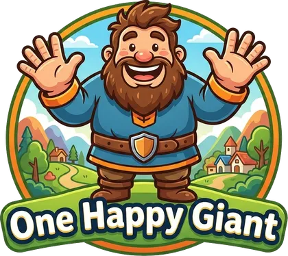 One Happy Giant — a happy cartoon giant waving in a storybook landscape